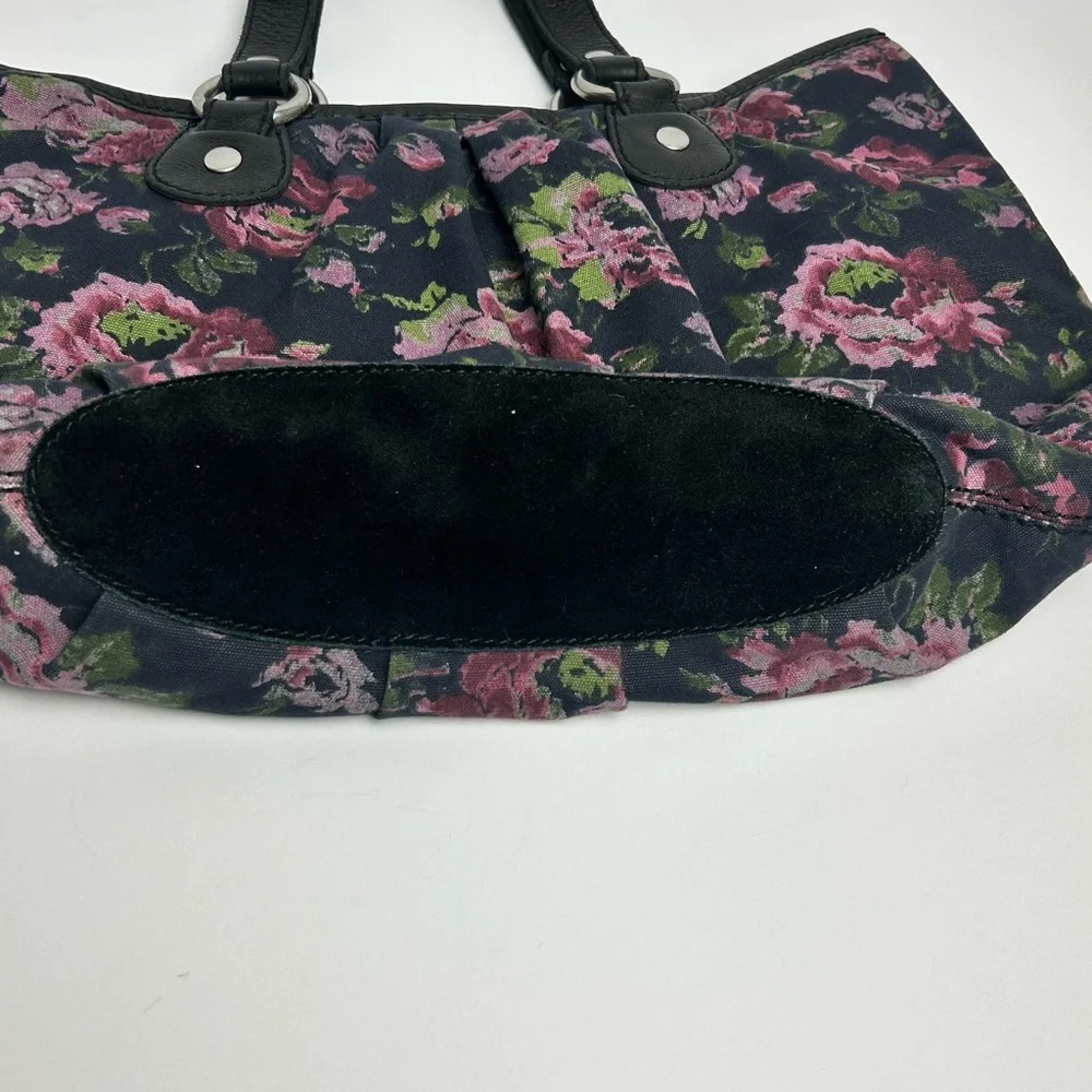 Vintage LUCKY Hobo Floral Cotton Black Tote Bag Leather Trim and Straps